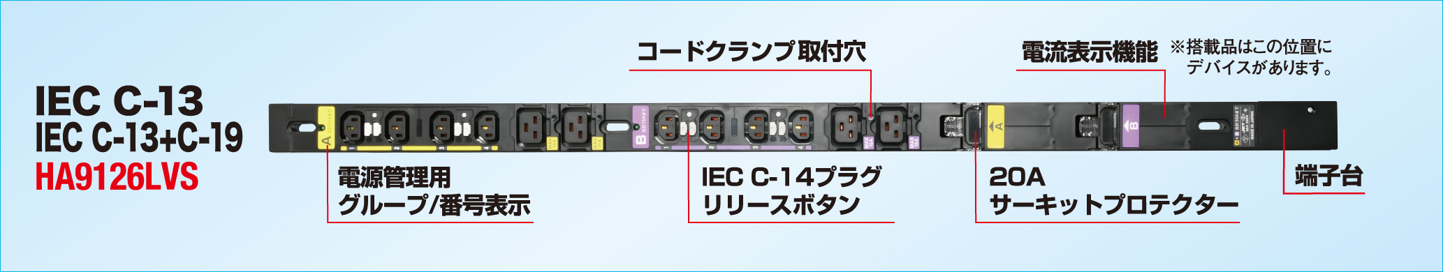 アメリカン電機　接地形2P 20A 250V　0Uコンセントバー 20A入力 IEC C-13×6ヶ口　青　HAC9060LS-BL - 9