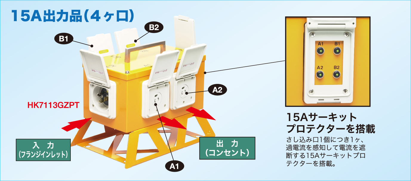 アメリカン電機　接地形2P 30A 125V (15A出力)　防水形移動用分岐ボックス 抜止形4ヶ口　HK7113GZPT - 1